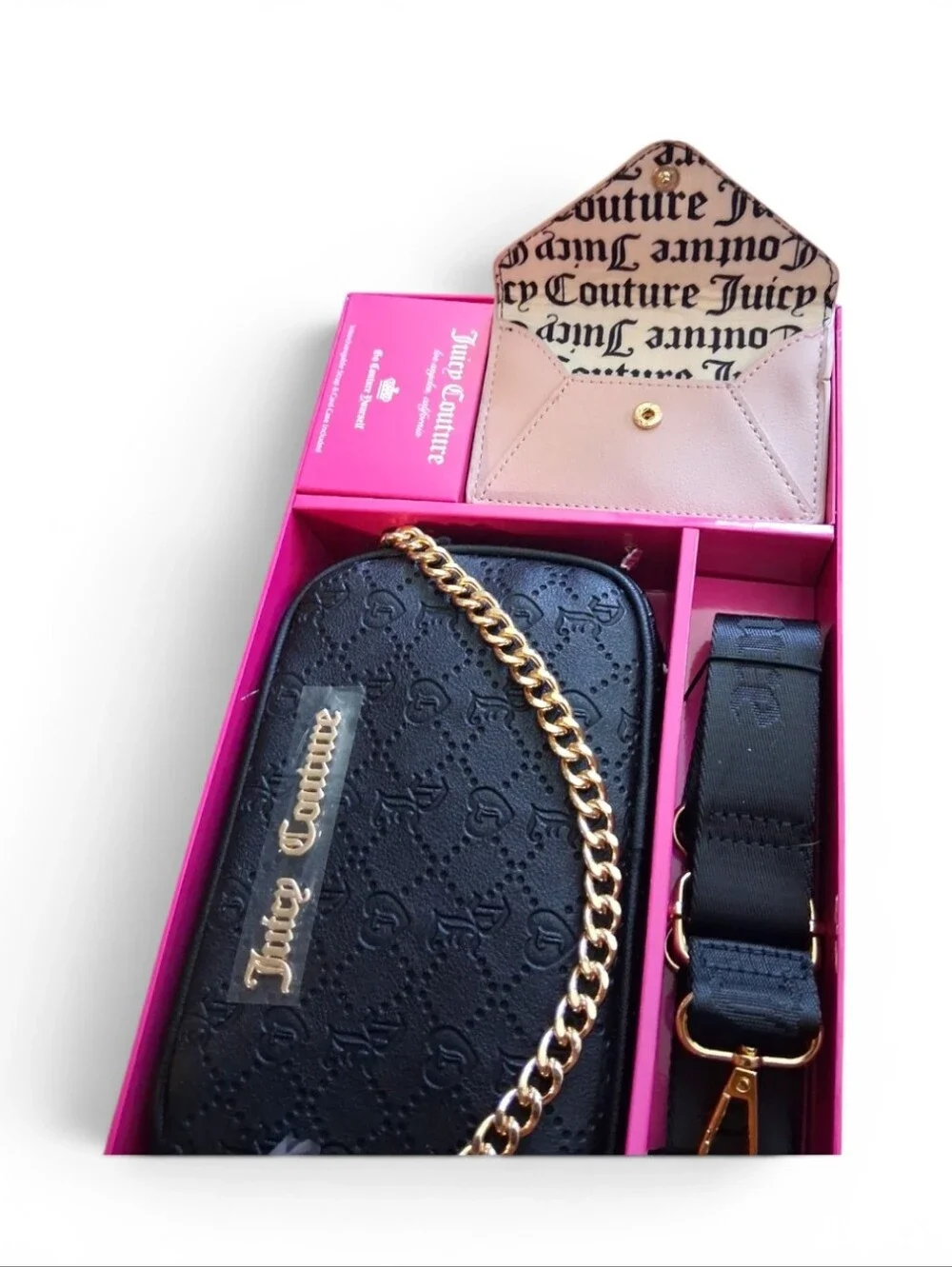 🆕️ Juicy Couture Black Quilted Crossbody (Camera bag) Pink Envelope Card Holder